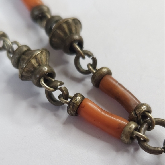 Vintage Yemeni Coral & Black Onyx Stone Beaded Tiger Eye Teardrop Stone Necklace - Picture 8 of 16